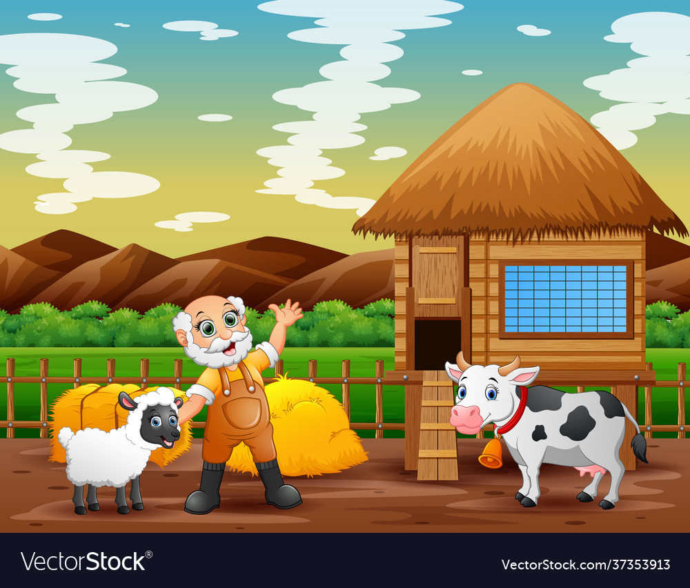 Old farmer and animals in farmland