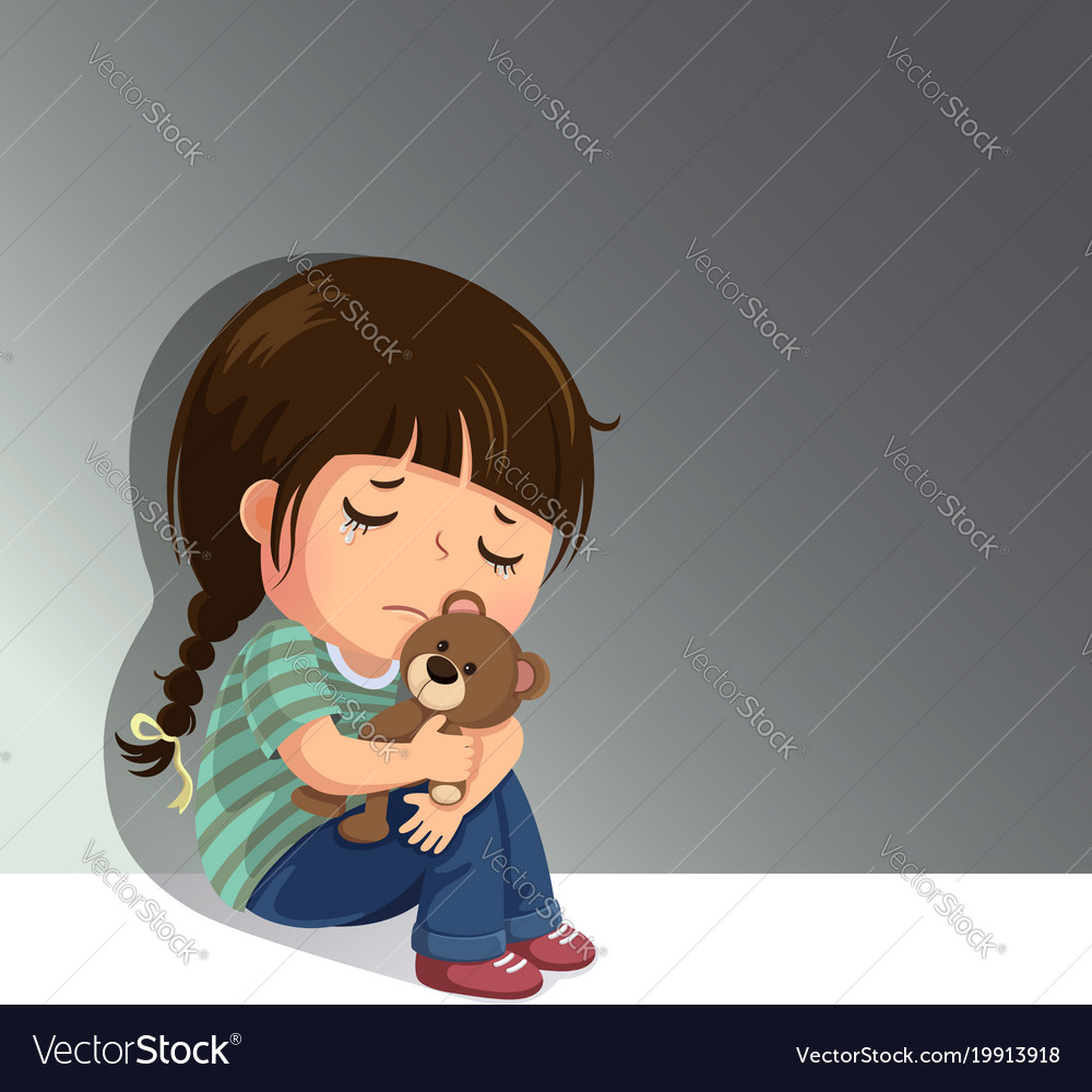 Sad little girl sitting alone with her teddy bear Vector Image