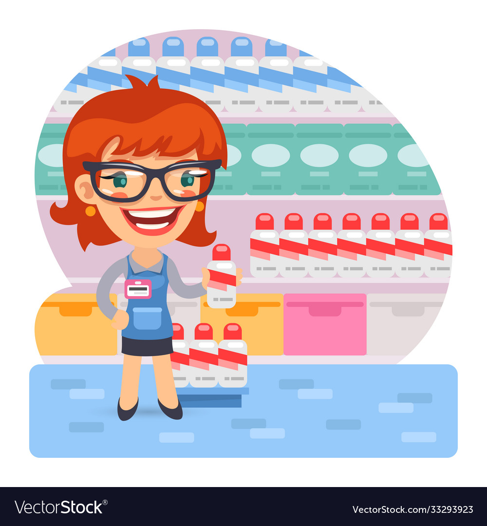 Cartoon girl seller with goods Royalty Free Vector Image Cartoon girl seller with goods Royalty Free Vector Image