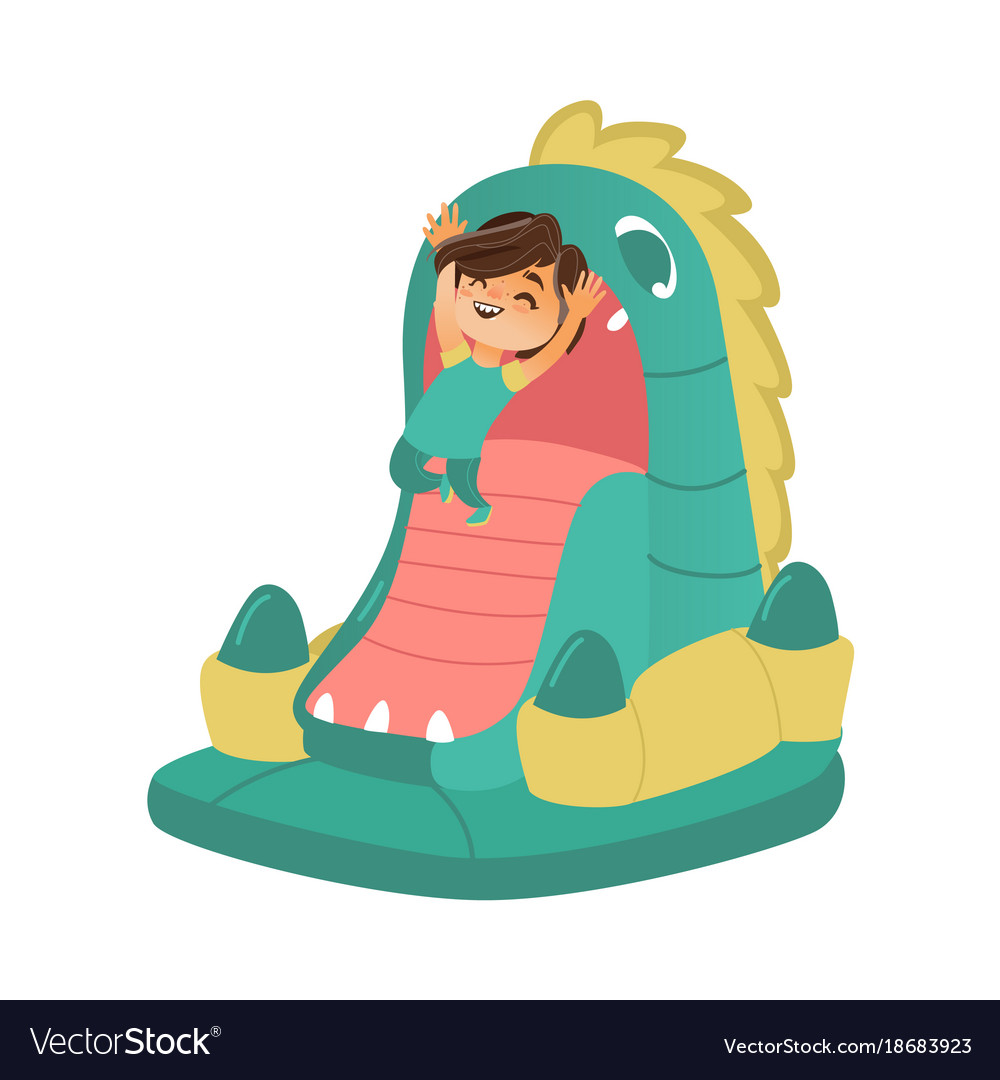 Happy kid child boy jumping on dragon bouncer