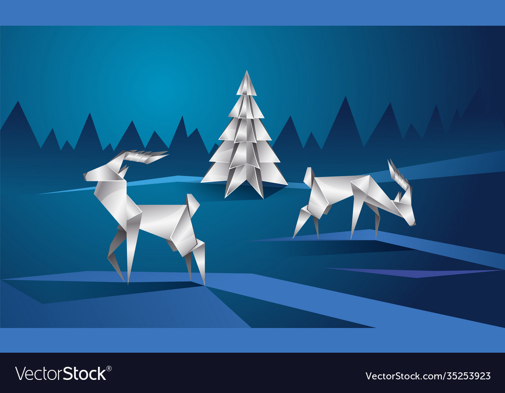 Reindeer and spruce metallic polygonal landscape