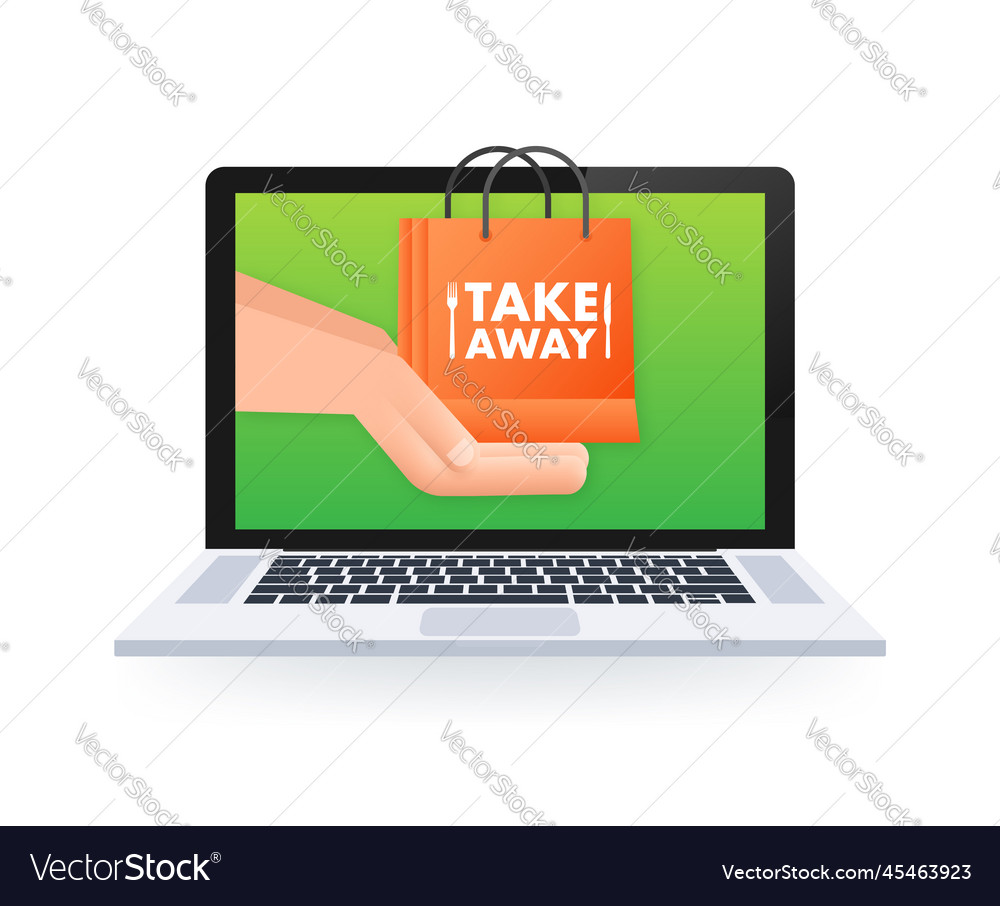 Take away bag and hand sign on laptop screen