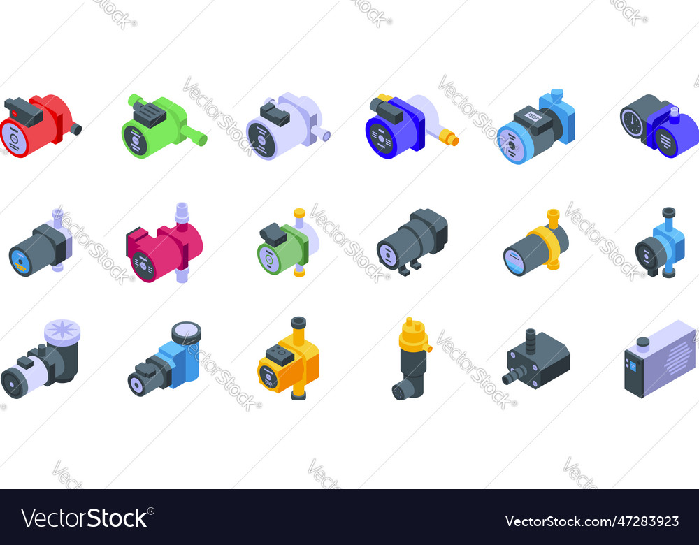 Water circulation pump icons set isometric