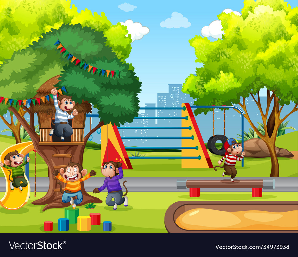 Five little monkeys jumping in park Royalty Free Vector