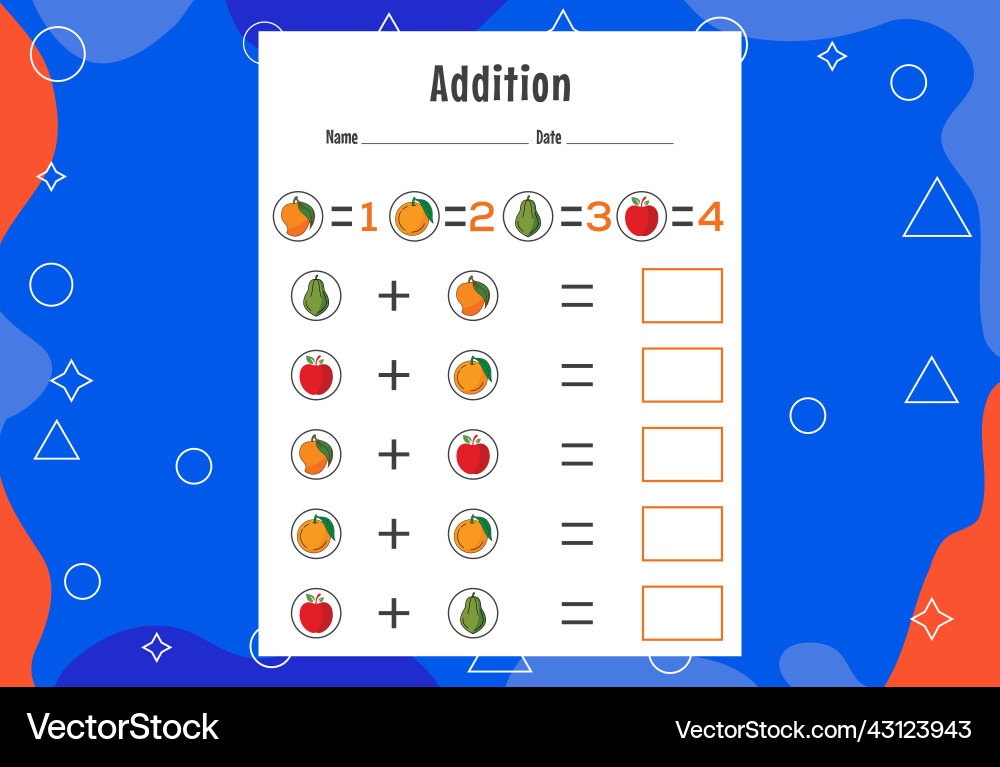 Addition with different elements for kids Vector Image