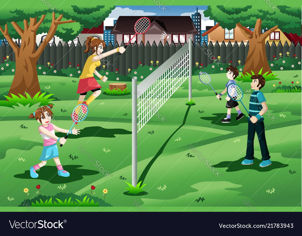Family playing badminton in backyard Royalty Free Vector