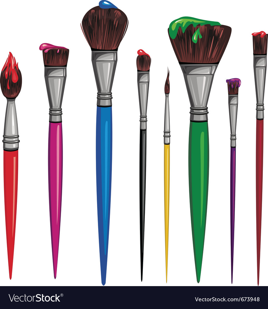 Cartoon paint brush. Painter instruments, different size brushes with paint  for drawing and painting vector objects set, Stock vector