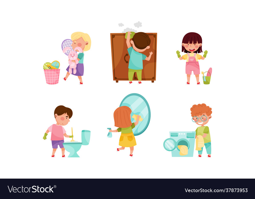 Little boy and girl washing mirror and dusting Vector Image