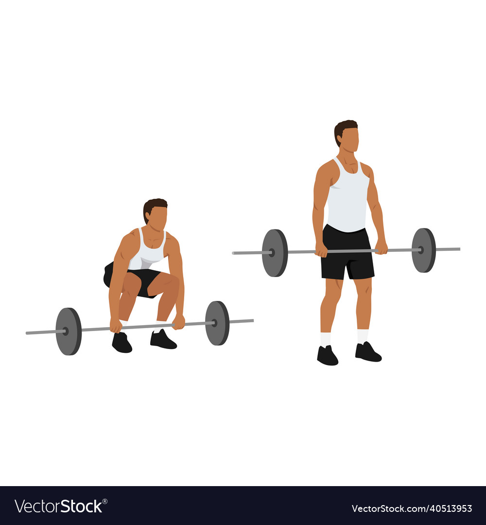 Man doing Sumo Barbell deadlifts exercise. Flat vector