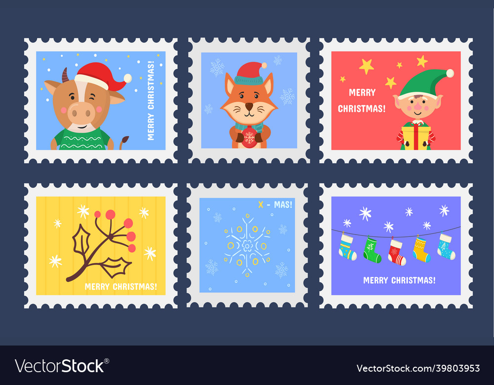 Set christmas postage stamp postmarks or stickers Vector Image