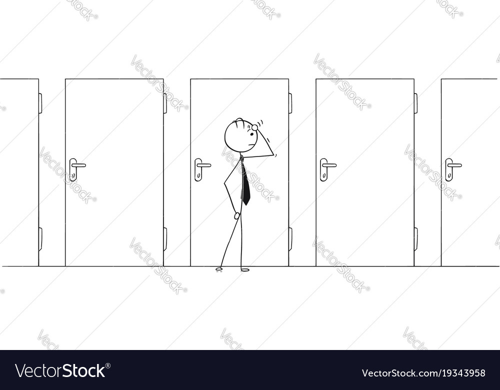 Cartoon Business Man Choosing From Many Door Vector Image