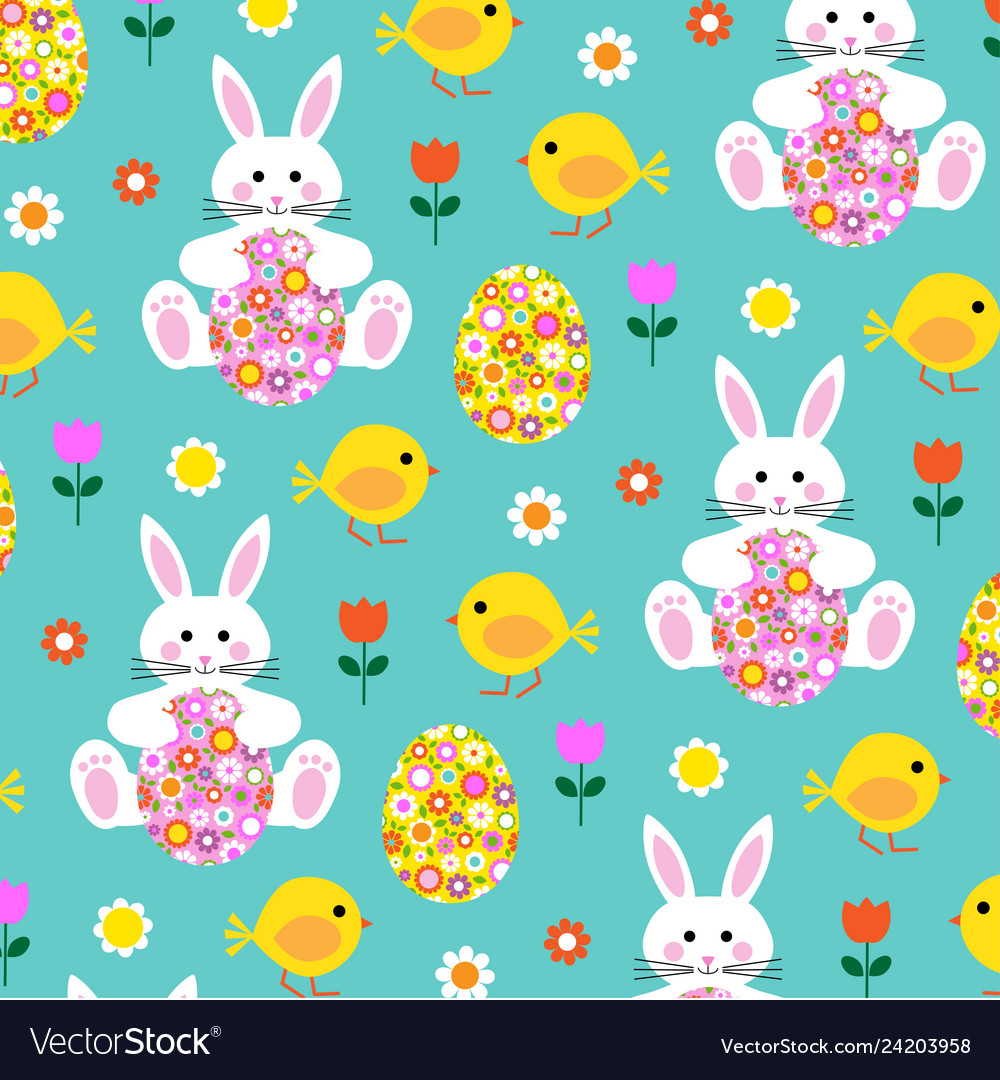 Easter bunny chick and flower egg pattern Vector Image