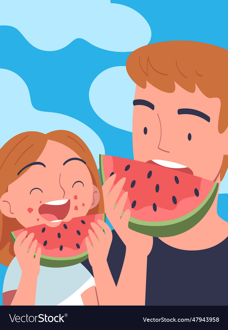 Happy father and his daughter eat watermelon spend