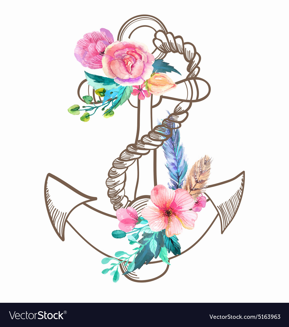 Download Doodle anchor with watercolor flowers and feather Vector Image