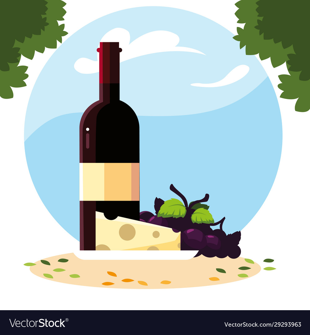 Wine bottle with cheese and grapes Royalty Free Vector Image