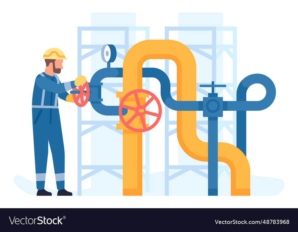 Oil petroleum industry worker turning pipeline Vector Image