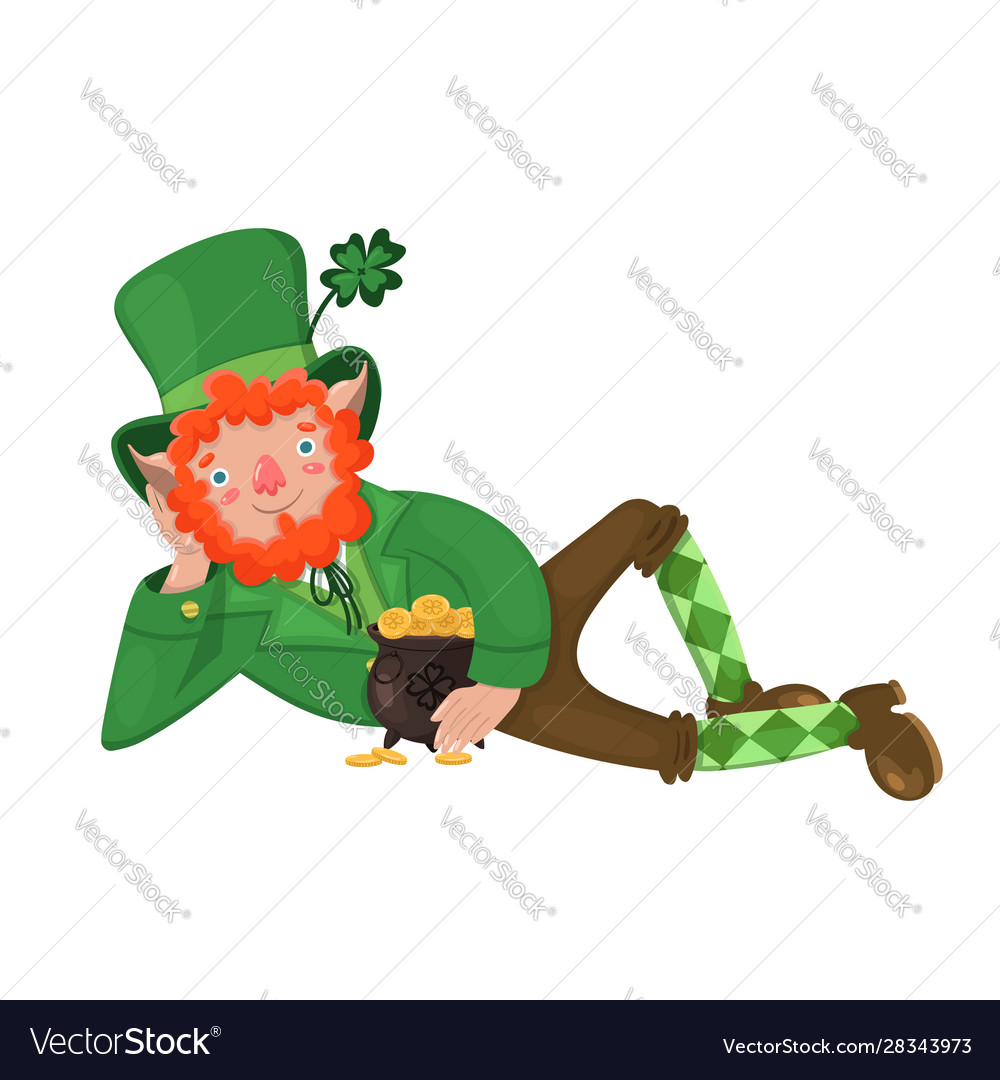 Leprechaun with a pot coins isolated on white