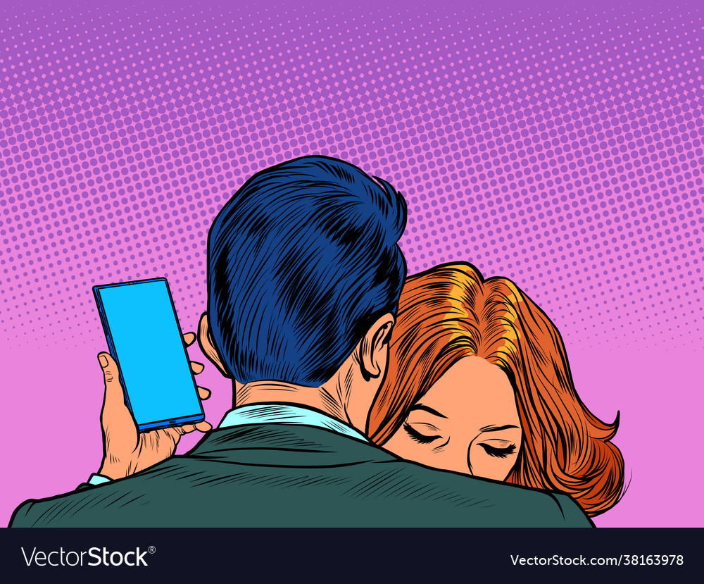 A man embraces woman and looks at his smartphone vector image A man embraces woman and looks at his smartphone