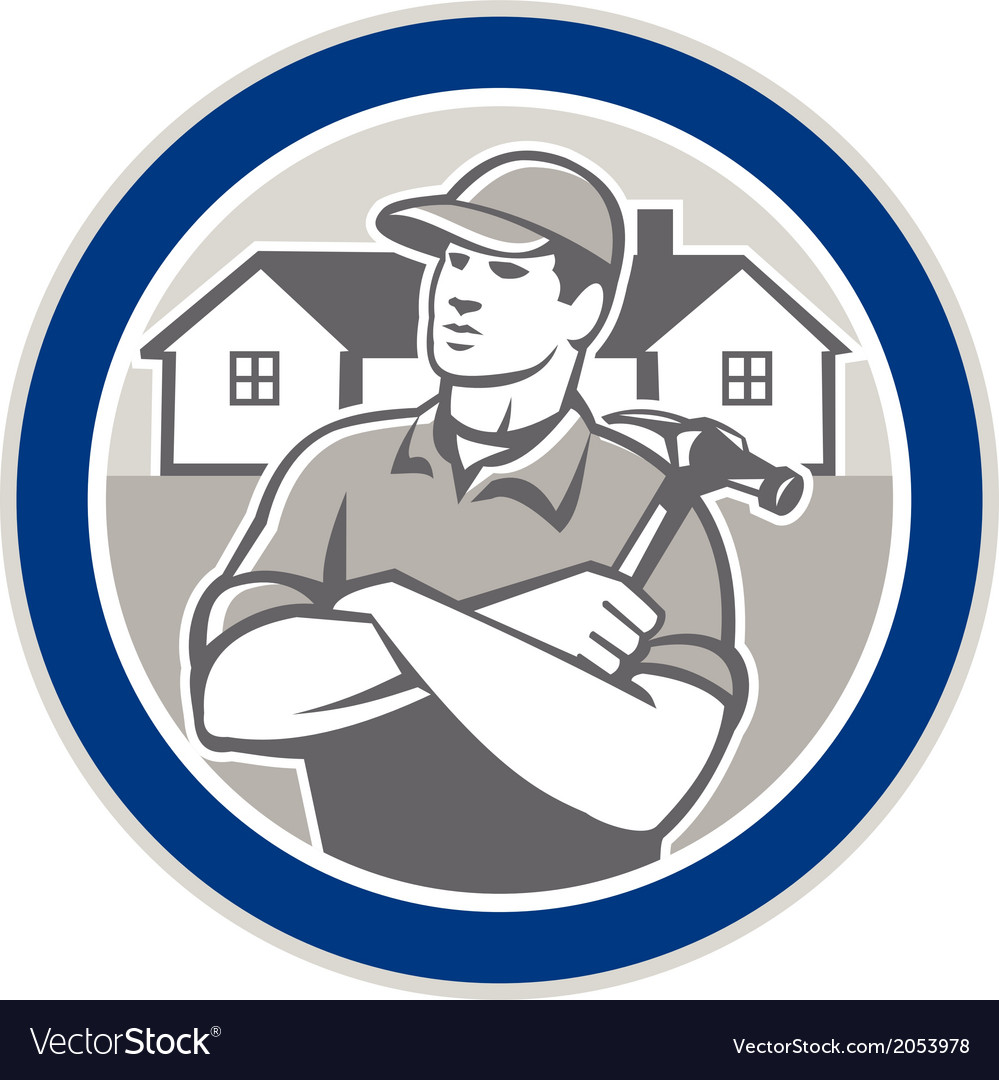 Builder carpenter hammer houses circle retro Vector Image