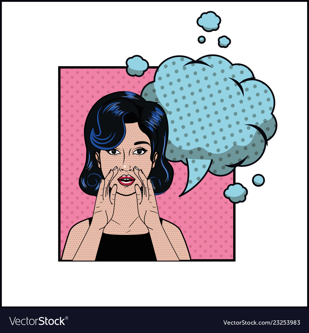 Woman with black hair and speech bubble pop art