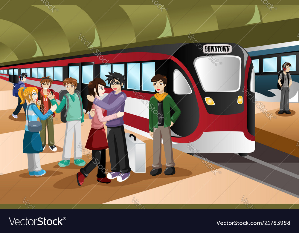 Kids saying farewell in train station Royalty Free Vector