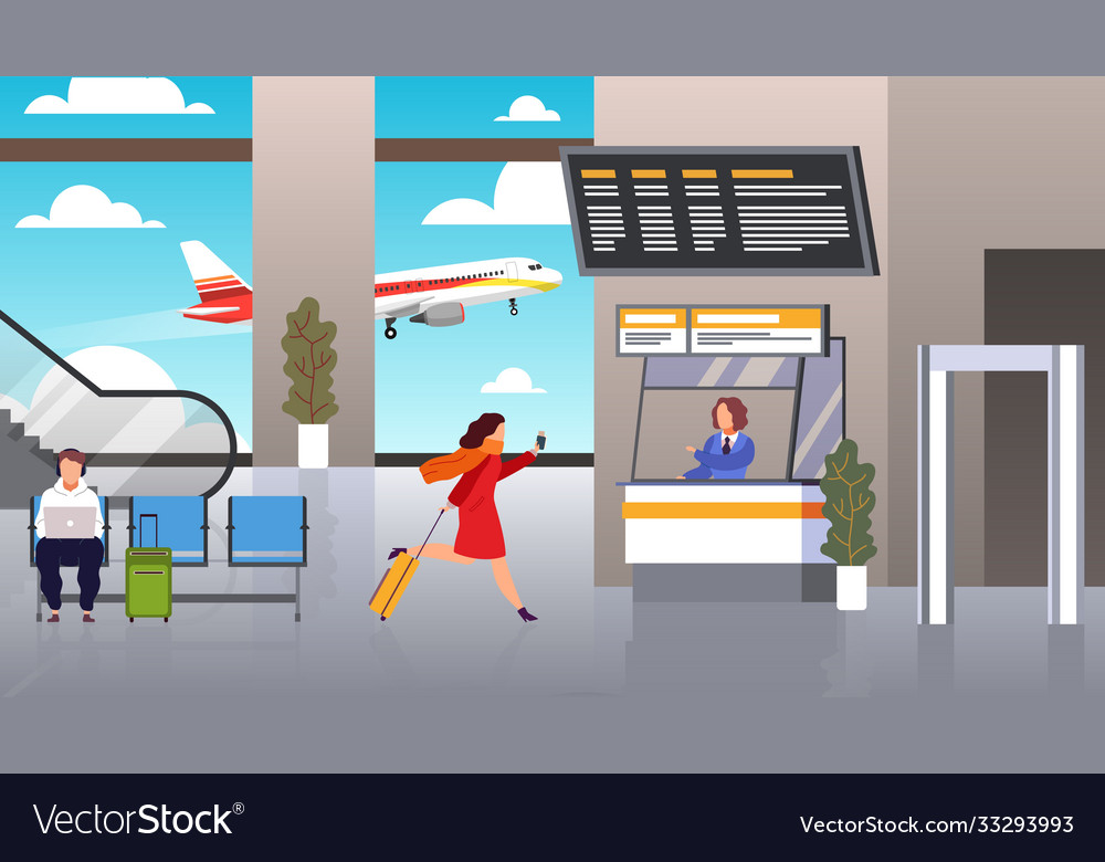 Check in airport woman runs with suitcase Vector Image