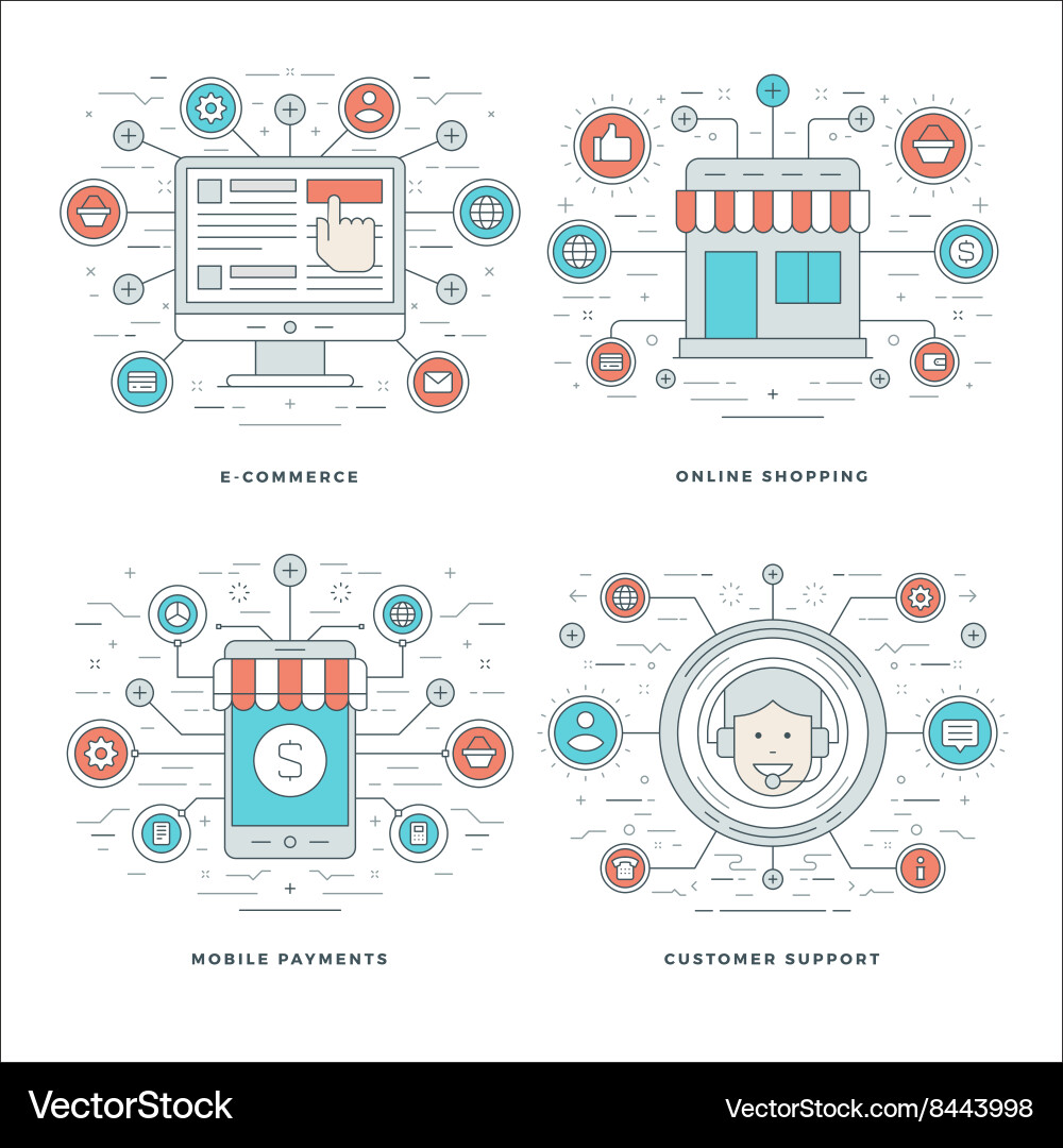 Flat line E-commerce Mobile Payments Customer Vector Image