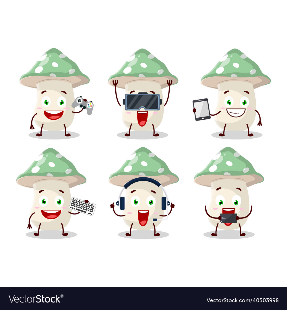 Green amanita cartoon character are playing games