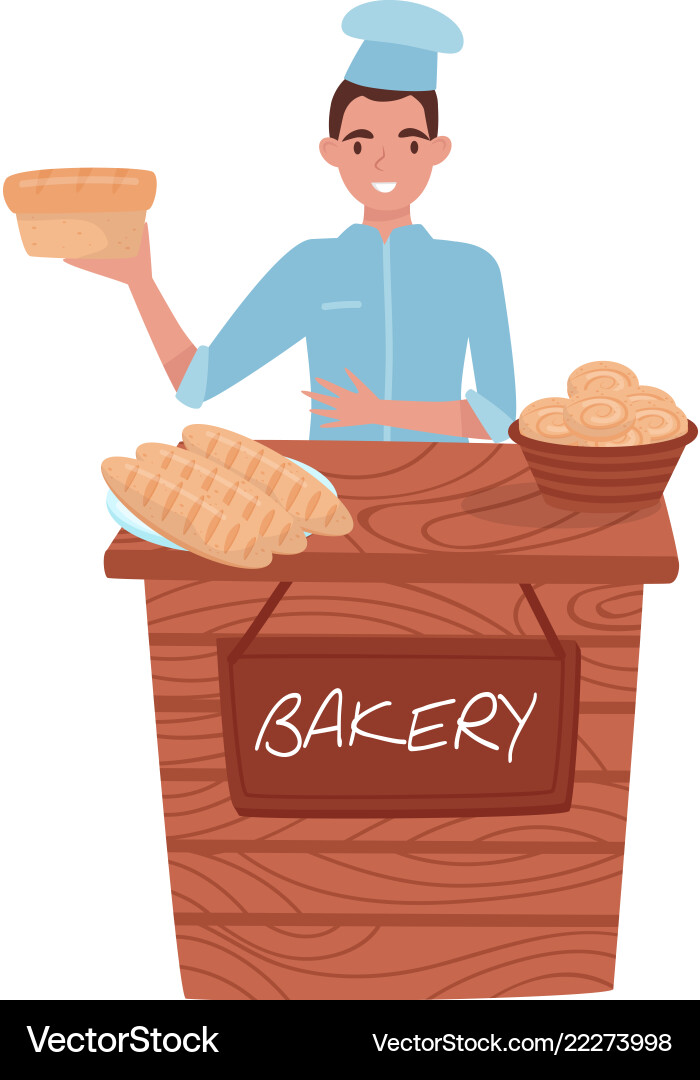 Young guy selling fresh bread wooden stall Vector Image