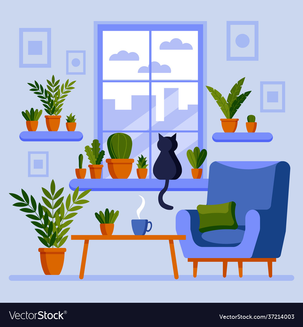 Flat Window Cat Sitting On Sill Pots Royalty Free Vector