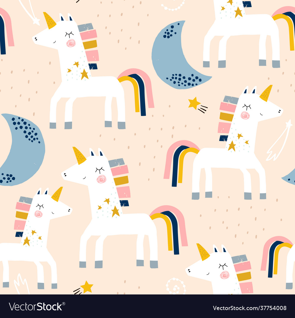 Seamless childish pattern with cute unicorns