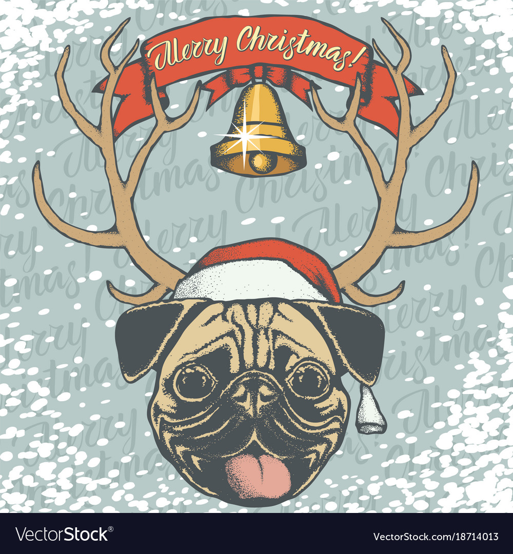 Christmas pug dog head with santa hat