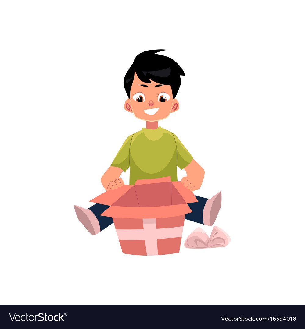 Cartoon boy opening present box isolated