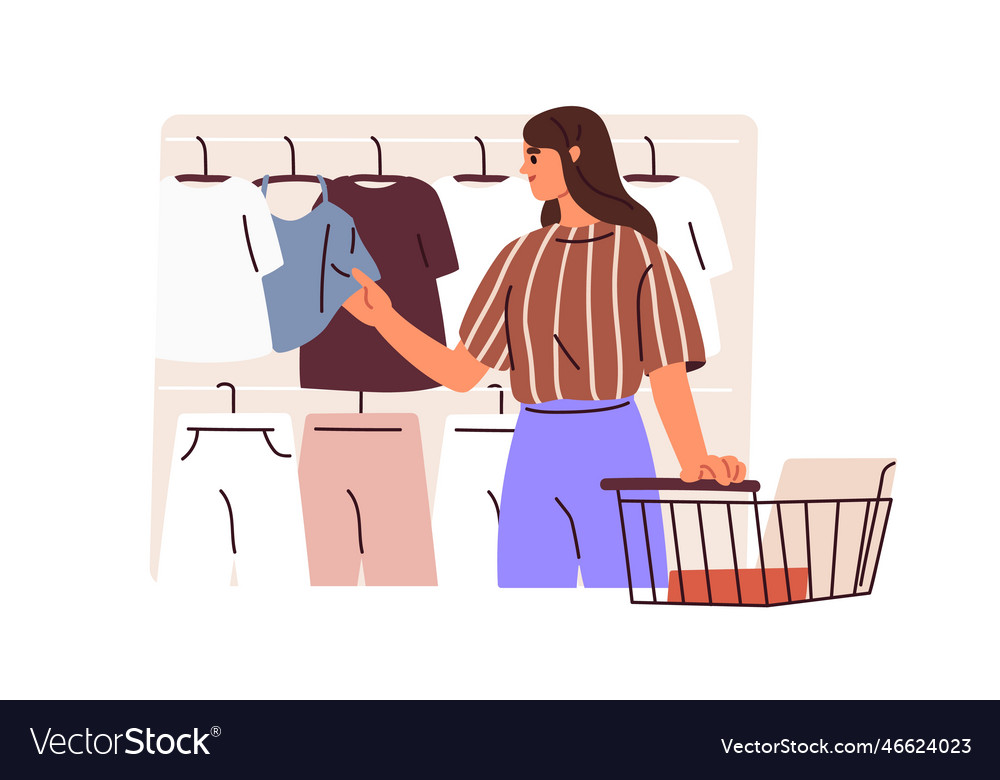 Girl shopper choosing clothes young woman