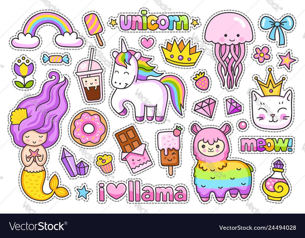 Big stickers pack set of cute cartoon characters Vector Image