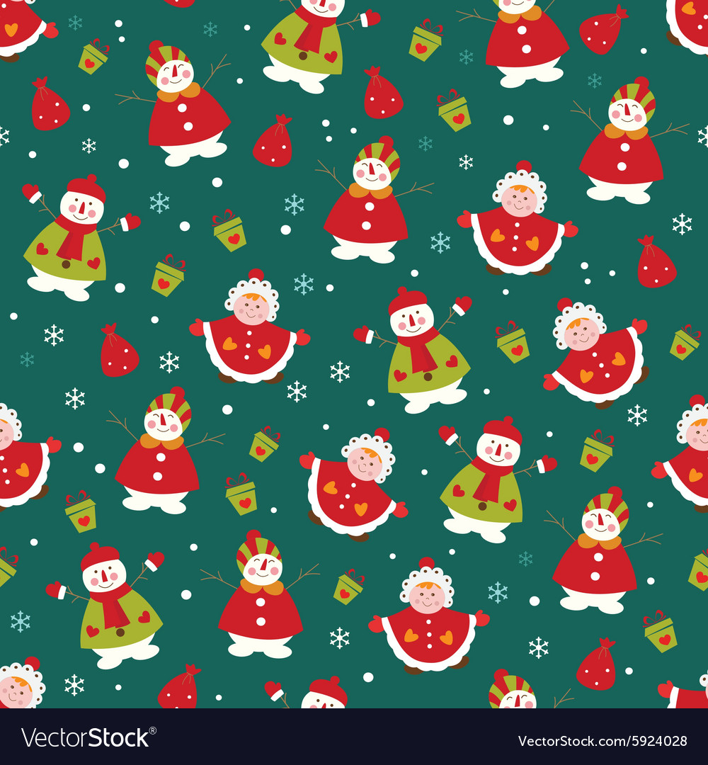 Christmas seamless pattern with girl and snowman Vector Image