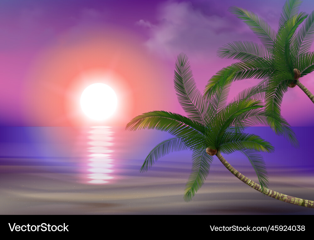 Beach sunset palms composition Royalty Free Vector Image