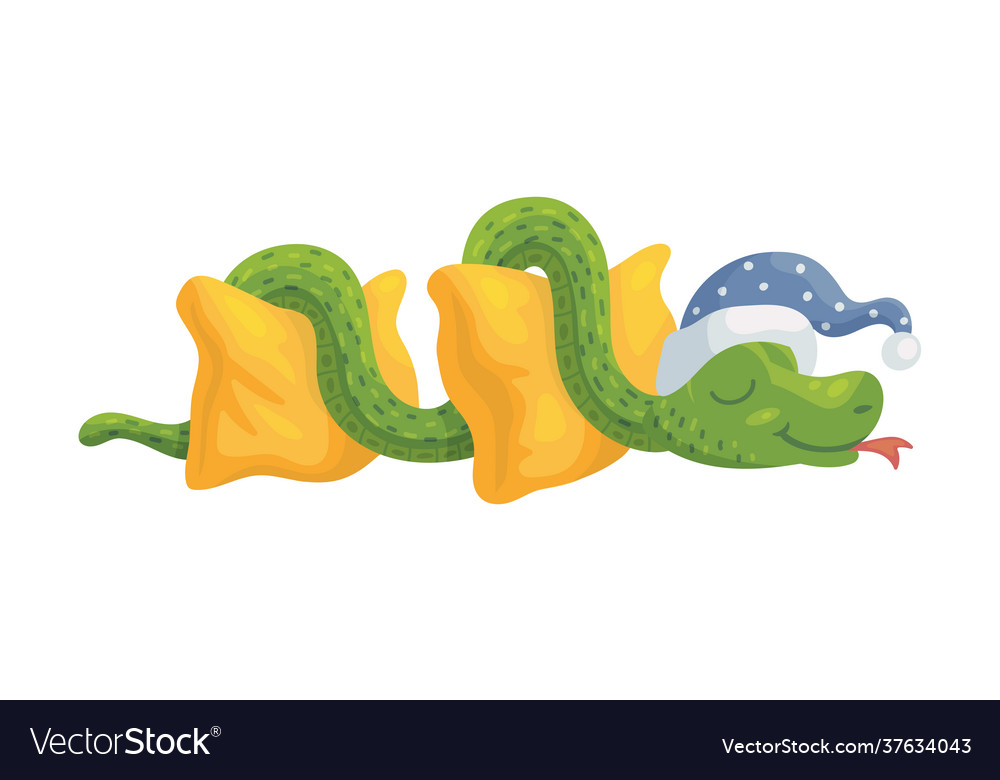 Green funny snake sleeping on pillows flat