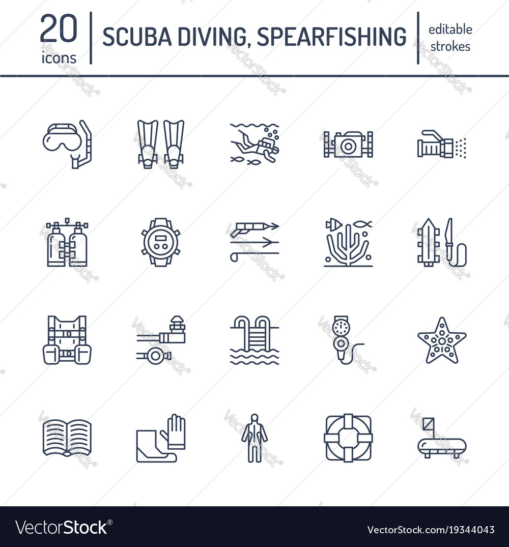 Scuba diving snorkeling line icons spearfishing