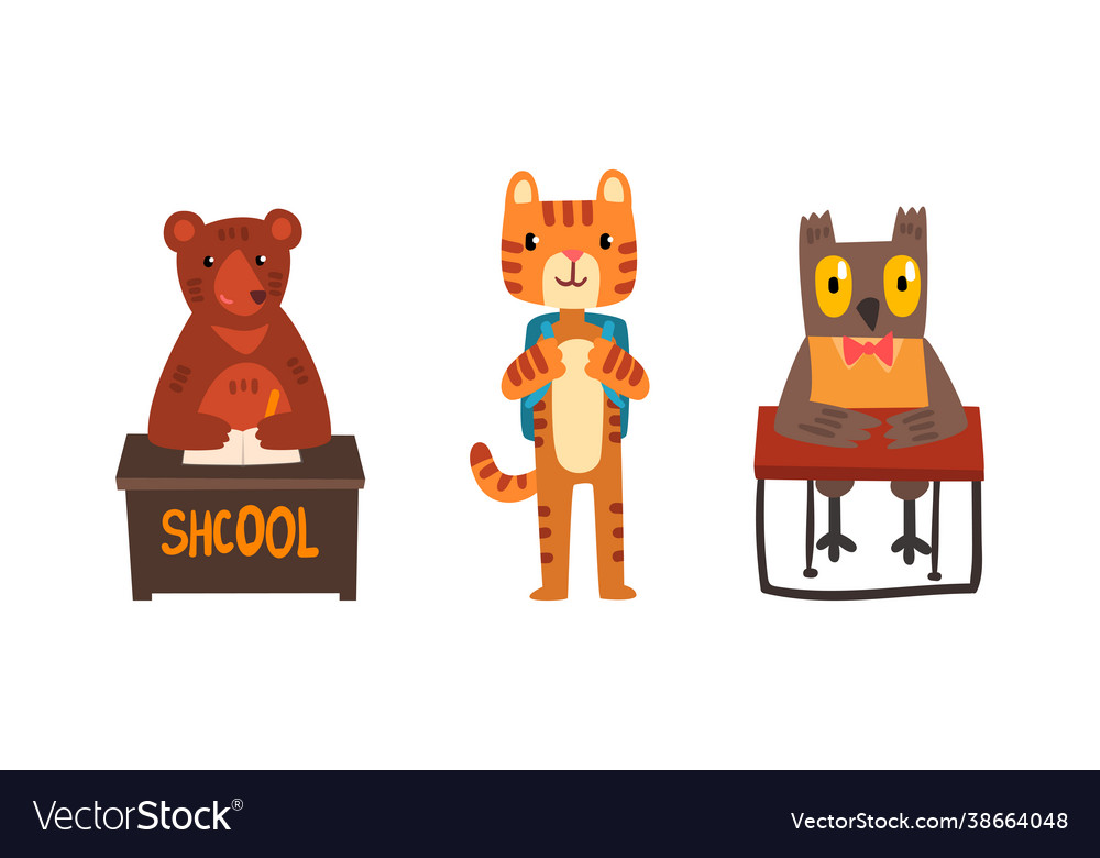 Amusing animals learning at school set bear cat