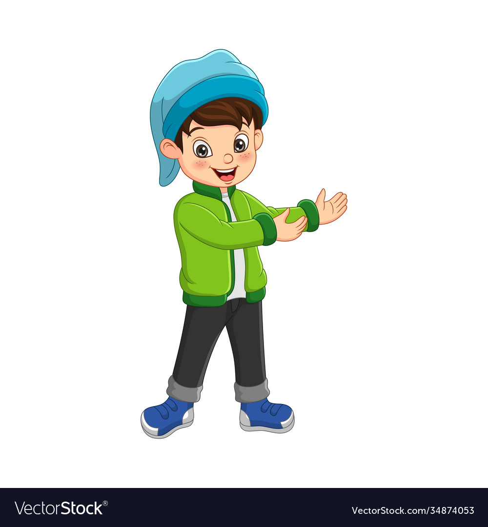 Happy boy in winter clothes raising his arms Vector Image