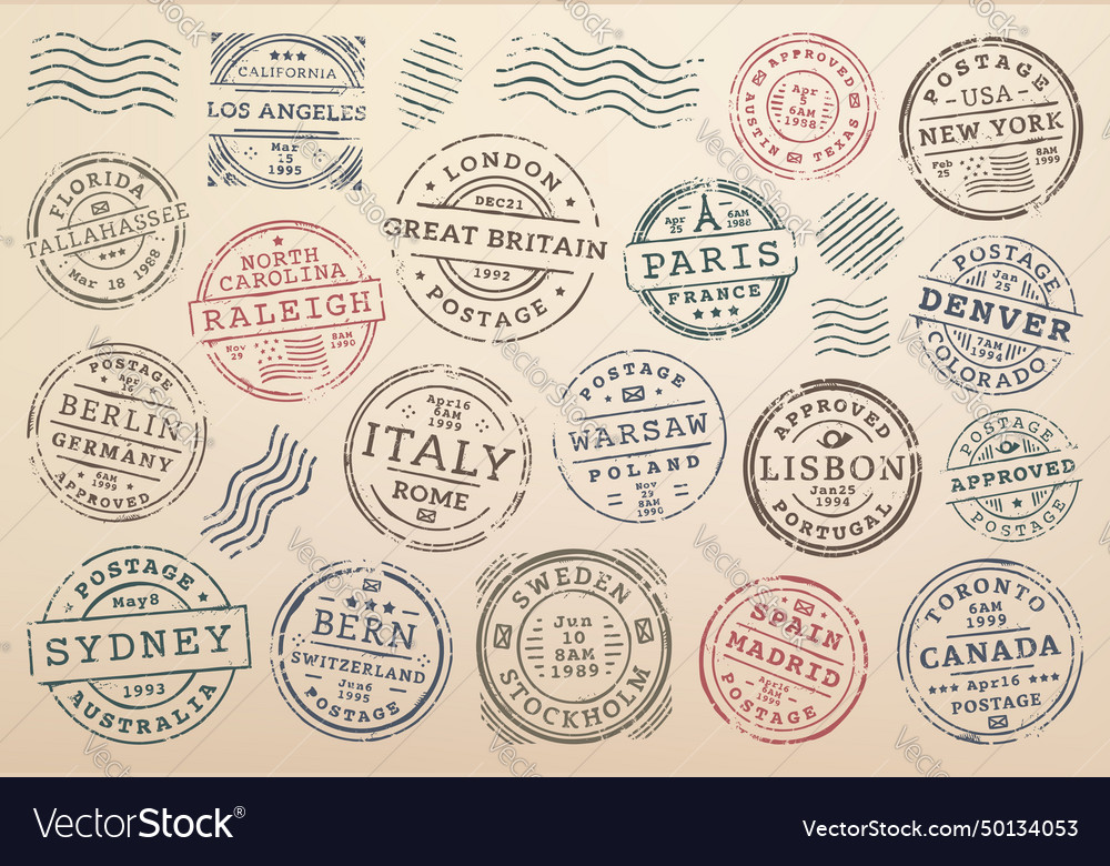 Postage and postal envelope or passport stamps Vector Image