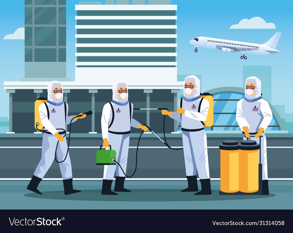 Biosafety workers desinfect airport for covid19