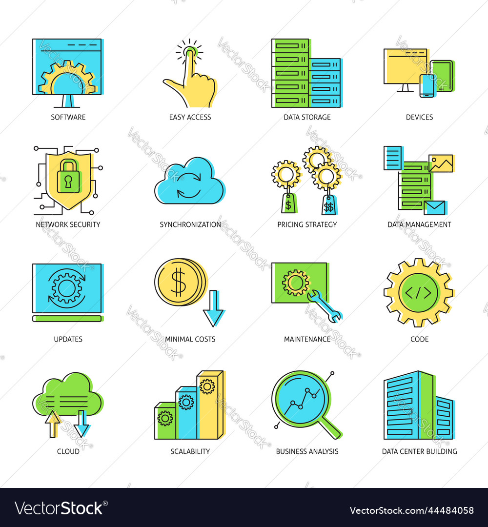 Computer software icon set in colored line style Vector Image