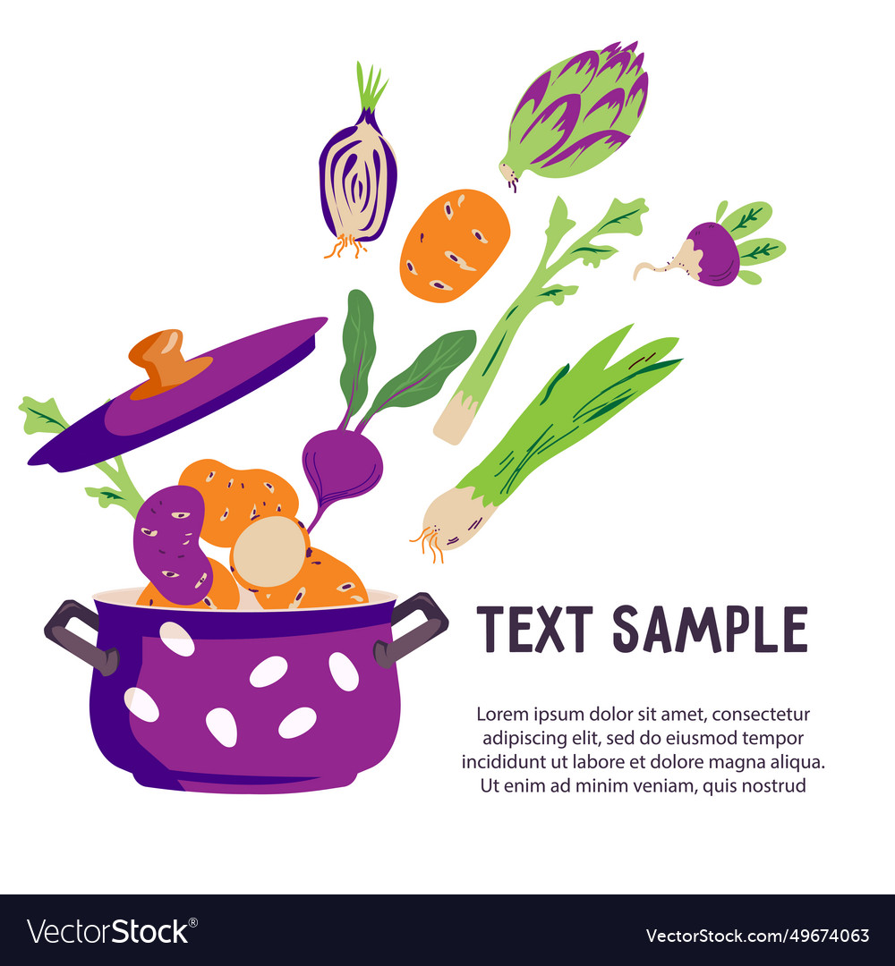 Vegetable pot soup banner or card design flat Vector Image