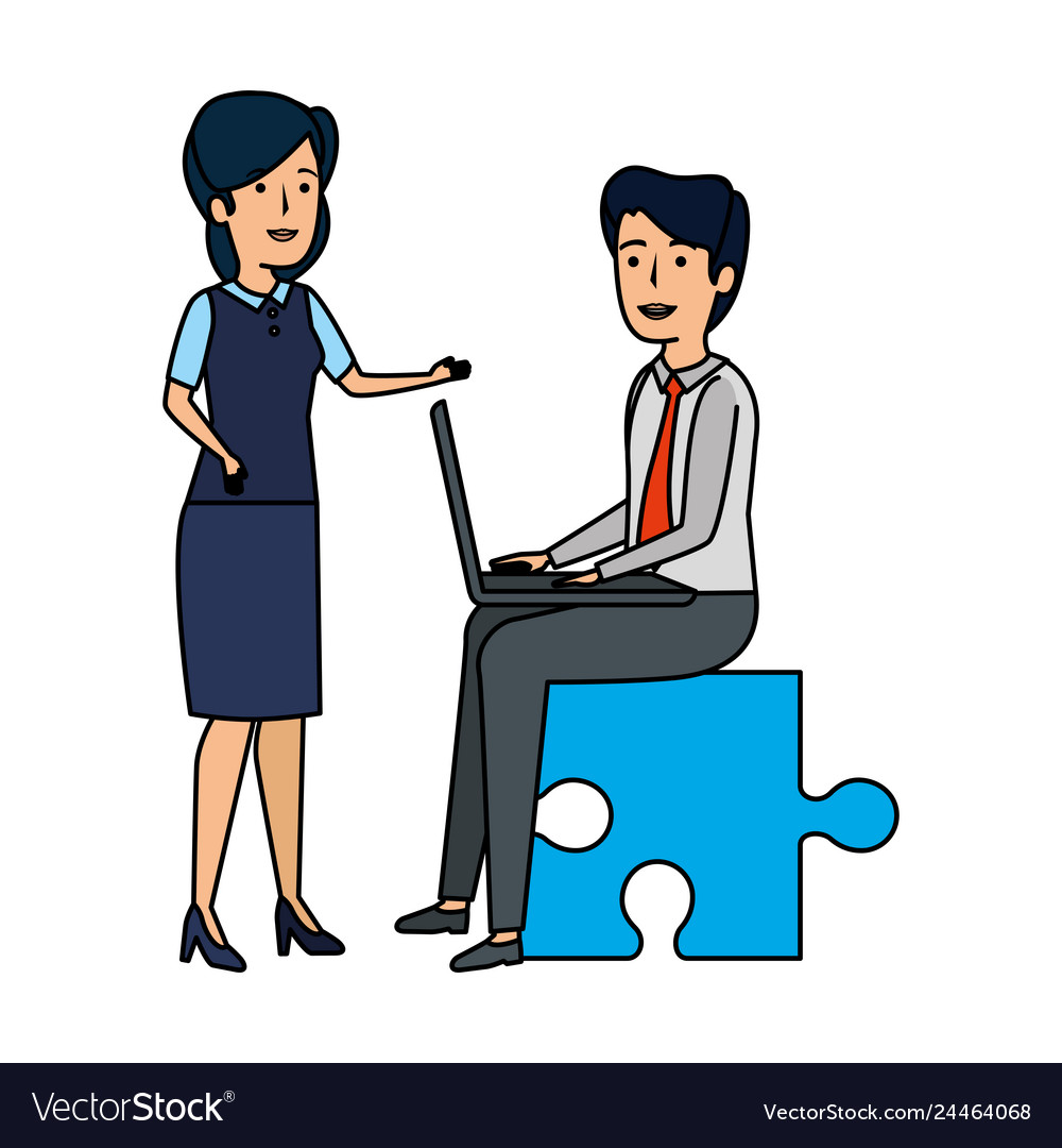 Business couple sitting in puzzle piece