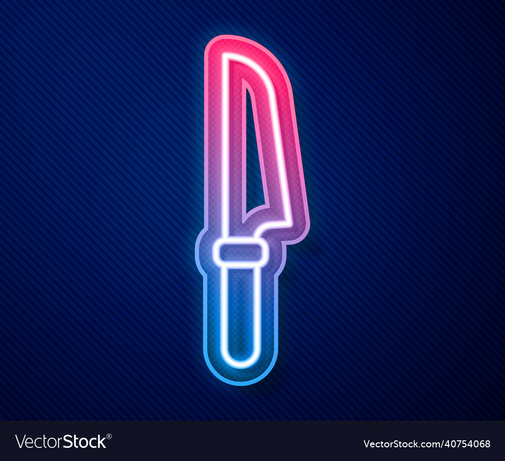 Glowing neon line knife icon isolated on blue