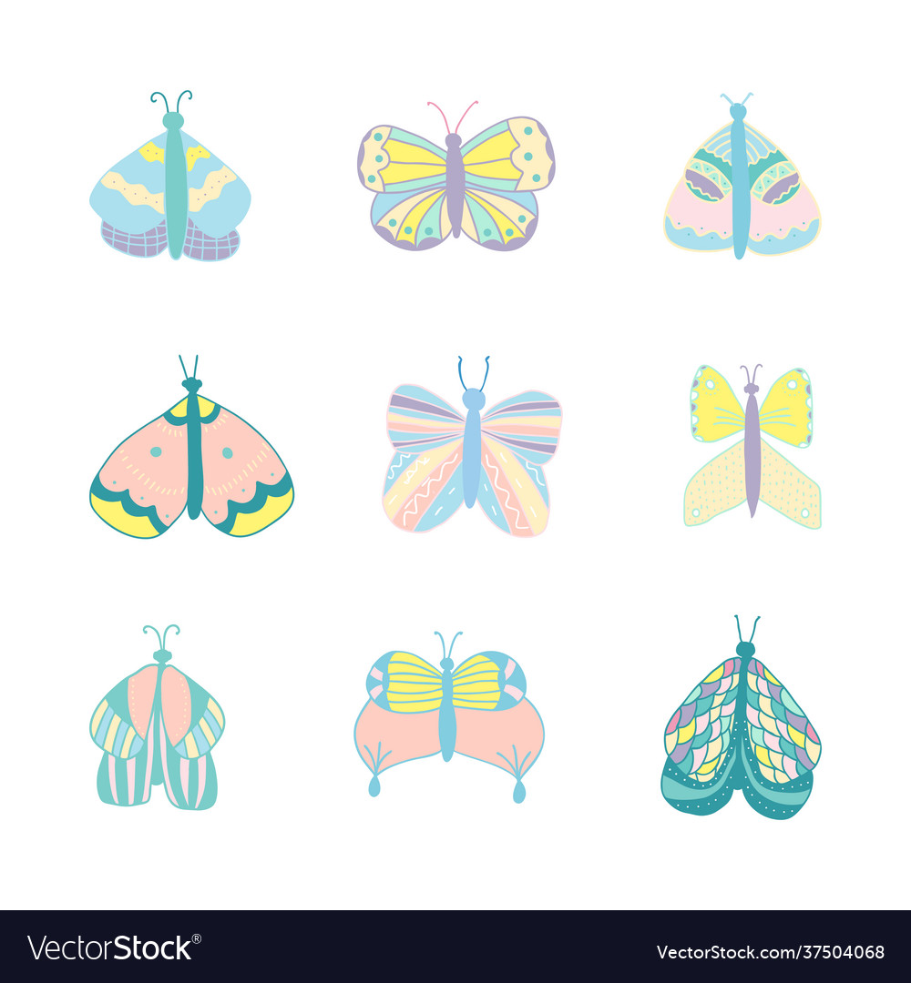 Set isolated butterflies in pastel colors