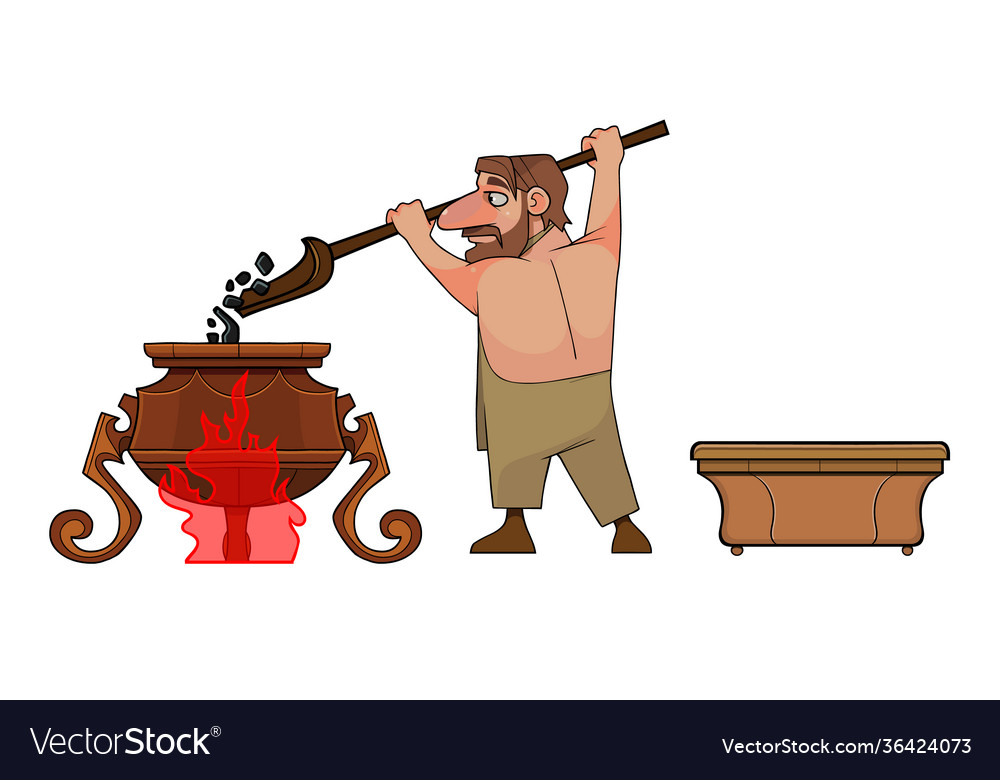 Cartoon man pouring a shovel into pot cauldron