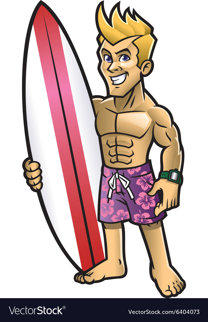 Cartoon of surfer pose with the surfboard Vector Image